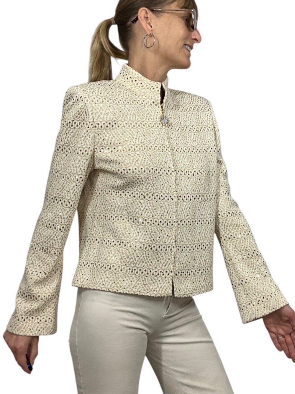 St. John Evening Vintage Embellished Knit Jacket 8 Cream Gold Zipper Front - Picture 5 of 16